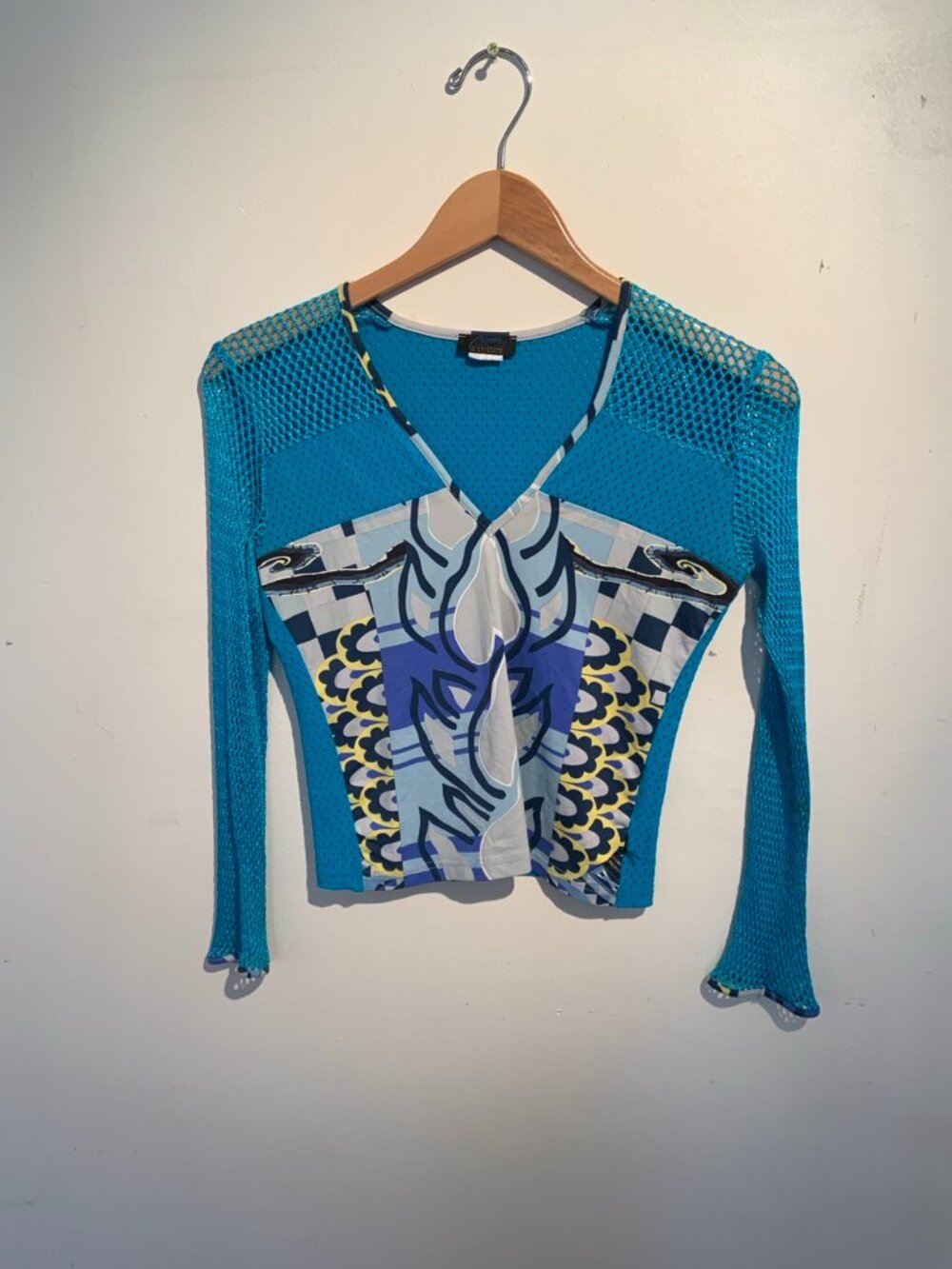 Vintage Christian Lacroix Mesh Top Rare Y2K Blue Sheer Graphic Long Sleeve
